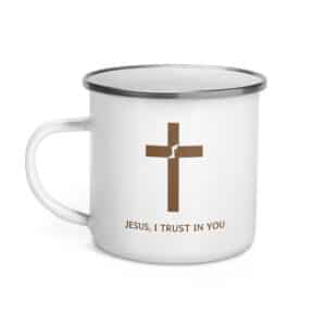 The Broken Praying Cross Enamel Mug “Jesus, I Trust in You”