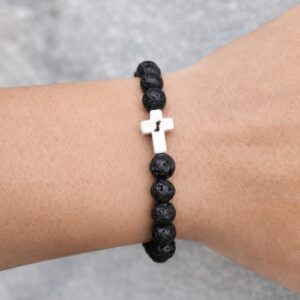Black Lava Stone Praying Cross Bracelet